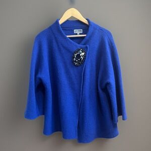 JM Collection Blue 100% Wool Relaxed Wrap Cardigan Sweater Rhinestones Sz M